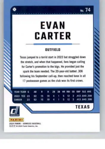 Evan Carter baseball card 2024 Donruss #74 NM-MT Rangers original gloss collectible