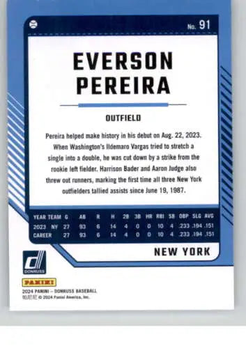 Baseball card of Everson Pereira, New York Yankees outfielder in original gloss finish