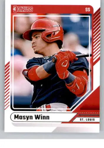 Masyn Winn in red batting helmet and navy uniform on 2024 Donruss baseball card