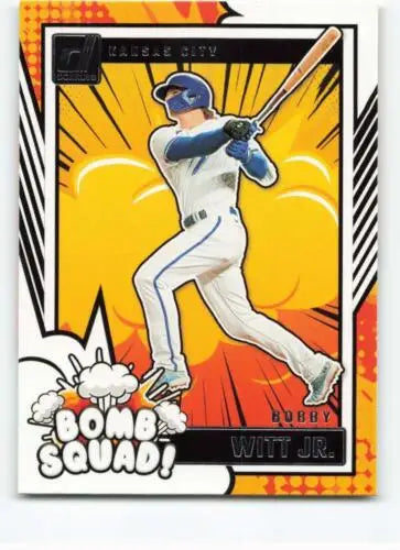 Baseball trading card featuring Bobby Witt Jr. in white uniform with Donruss Bomb design