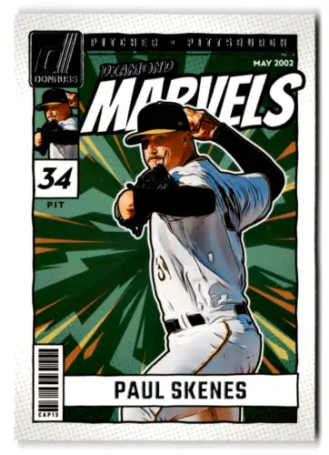 Baseball card of Paul Skenes in white uniform from Donruss Diamond Marvels series