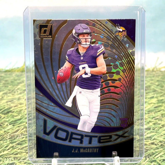 2024 Donruss JJ McCarthy Vortex Rookie card featuring McCarthy in Minnesota Vikings gear