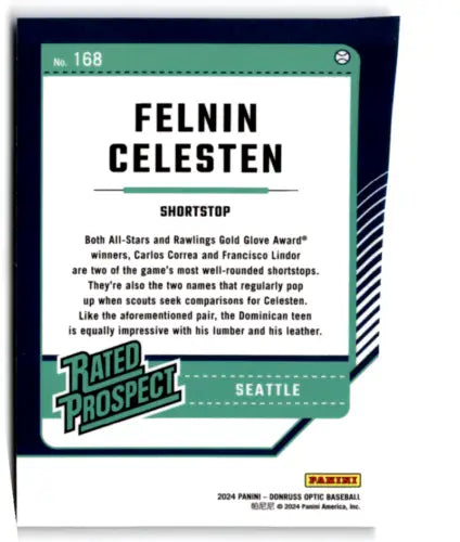 Baseball card of Felnin Celesten as a Seattle Mariners shortstop prospect Donruss Optic