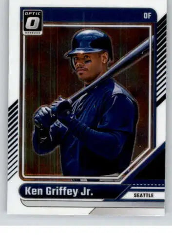 Baseball card of Ken Griffey Jr. in blue Mariners uniform, original gloss, Donruss Optic