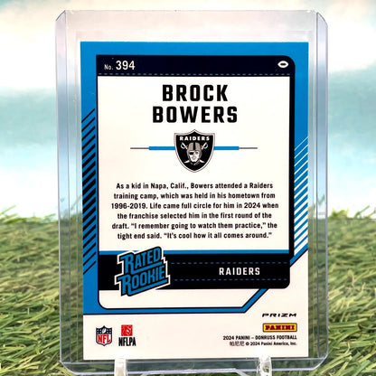 Brock Bowers Donruss Optic Rookie card featuring Las Vegas Raiders design