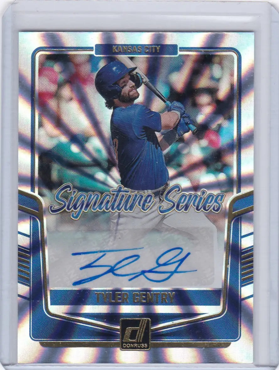 Baseball trading card of Tyler Gentry in blue uniform with Gentry Signature Series Auto