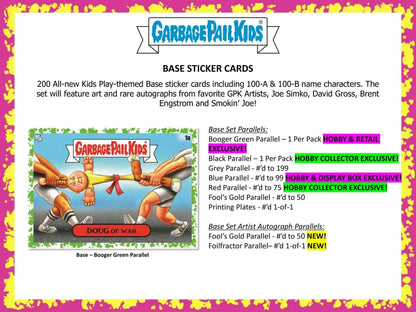 Promotional advertisement for 2024 Garbage Pail Kids Hobby Collector Exclusive card details