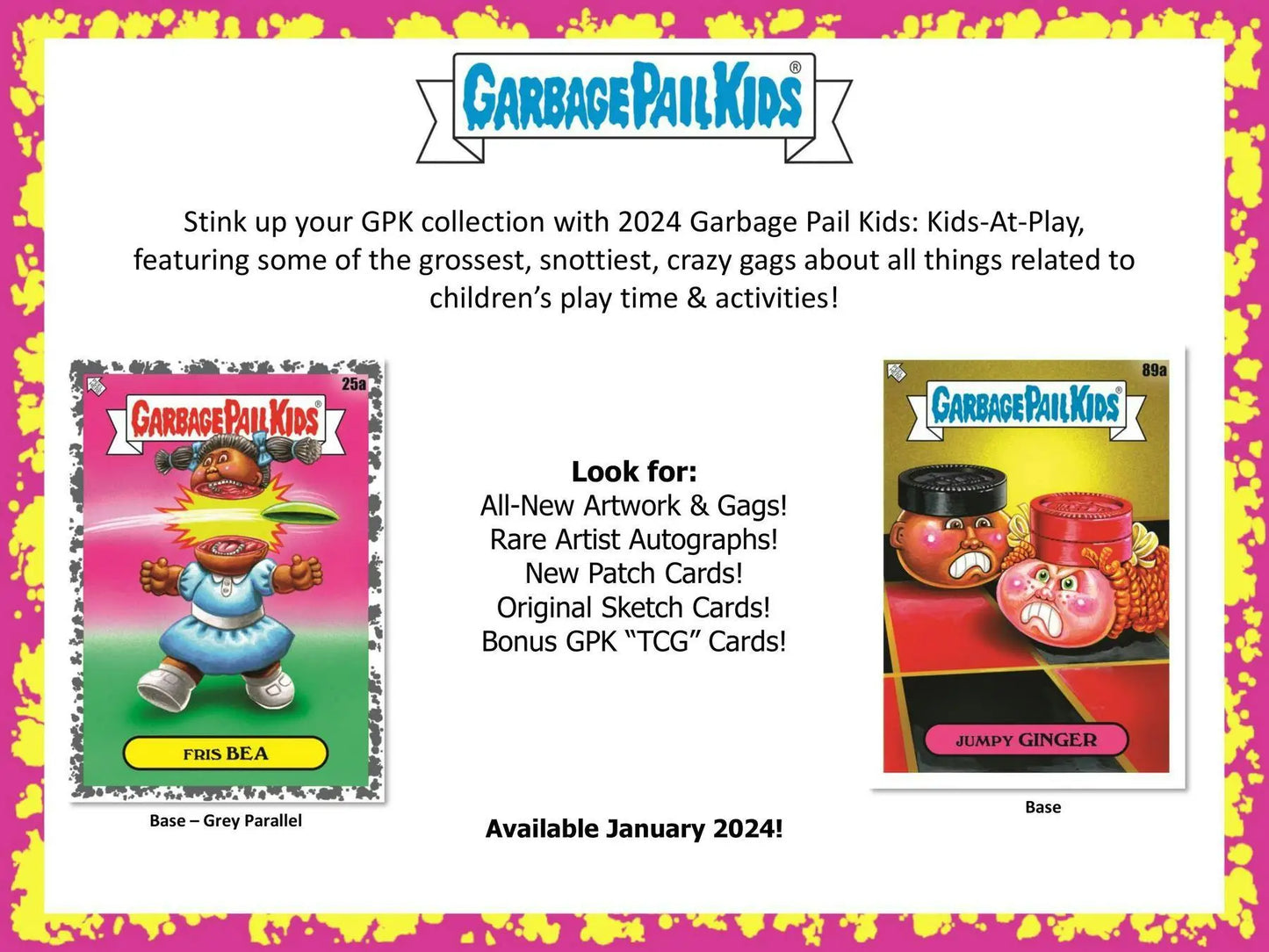 Promotional ad for 2024 Garbage Pail Kids hobby collector exclusive trading cards