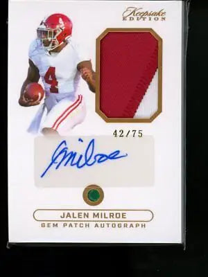 Jalen Milroe Gem Patch Autograph football card from 2024 Keepsake Edition 42/75