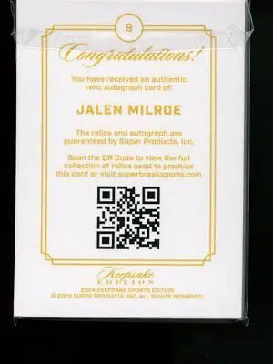 Jalen Milroe Gem Patch Autograph Card from 2024 Keepsake Edition Football 42/75