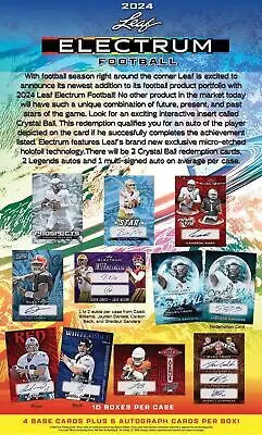 2024 Leaf Electrum Football product ad showcasing 4 base cards and 6 autographs per box