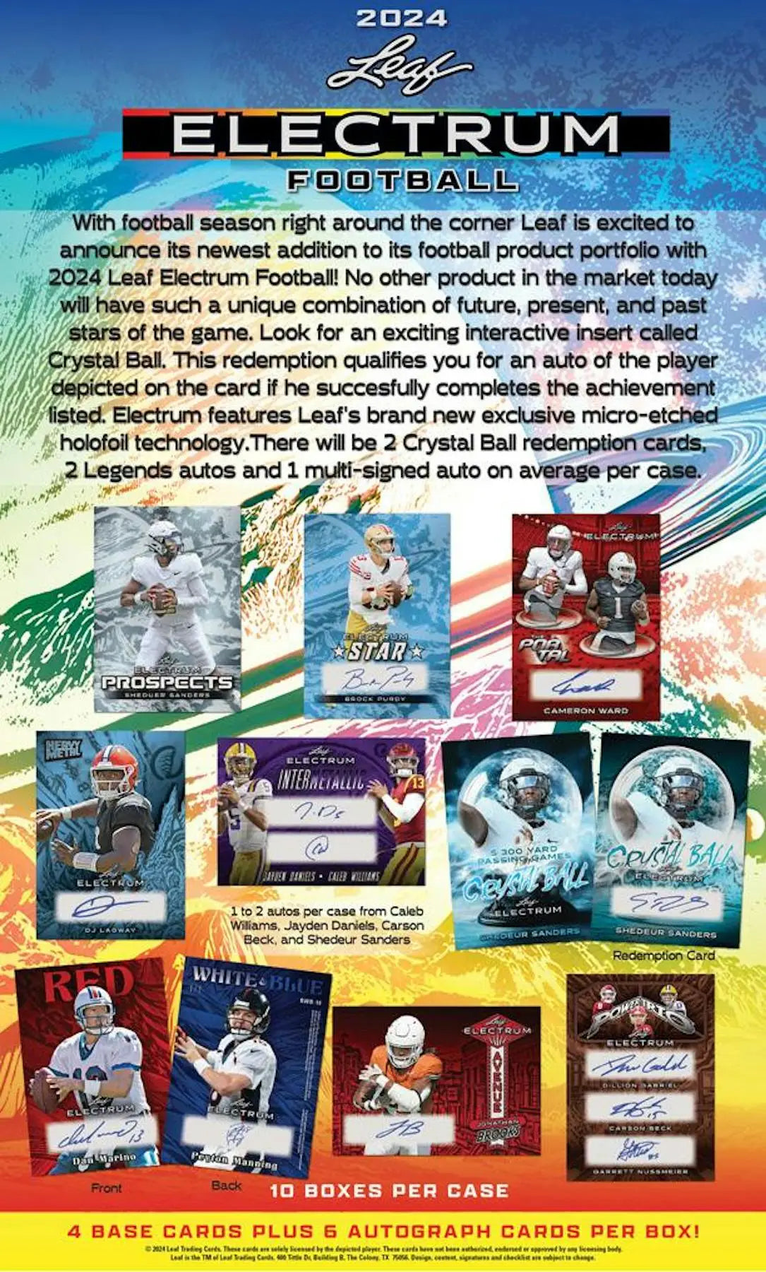 Product advertisement poster for 2024 Leaf Electrum Football cards featuring Caleb Williams