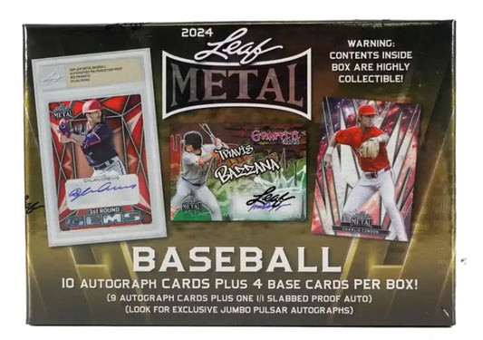 2024 Leaf Metal Baseball Jumbo Box with autograph and base cards displayed