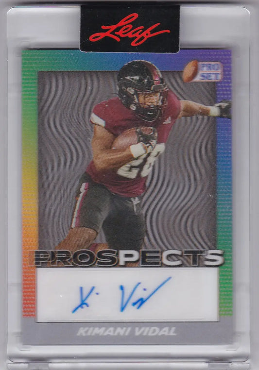 Football trading card featuring Kimani Vidal in red jersey, 2024 Leaf Pro Set Lenticular AUTO