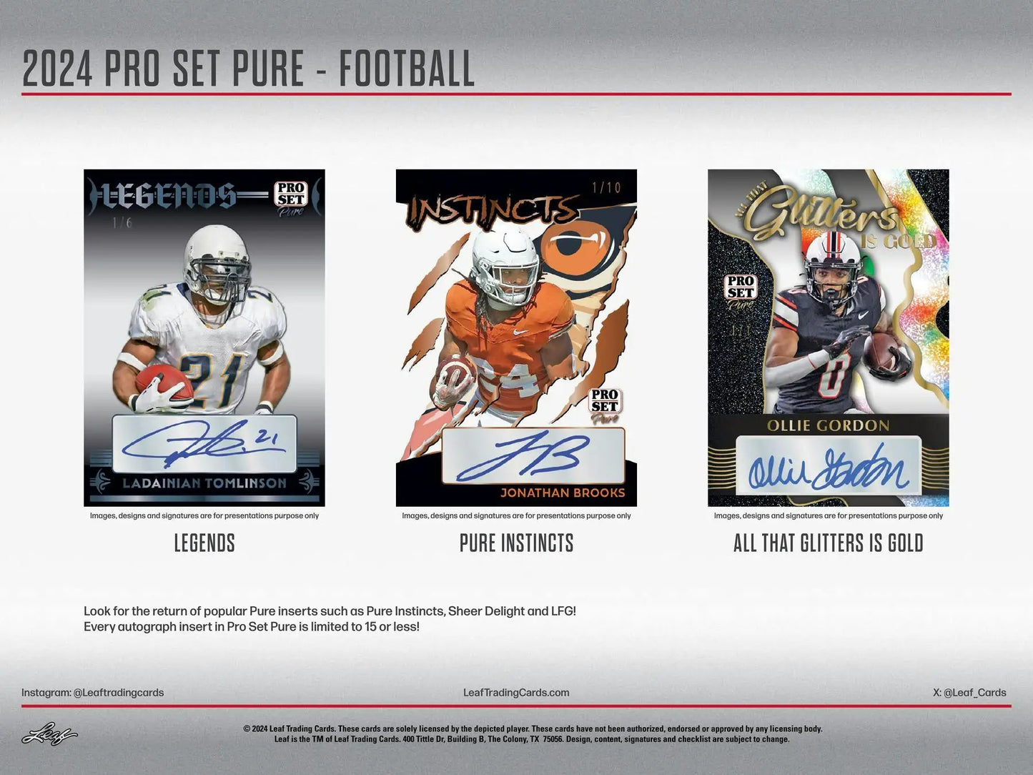 Three autographed football trading cards from the 2024 Pro Set Pure collection