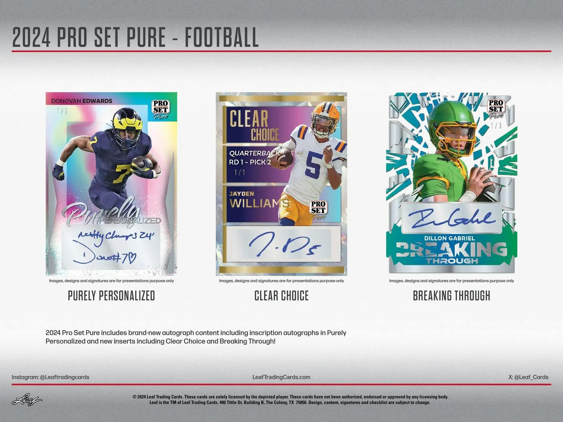 Preview of three Pro Set Pure Football trading card designs from the 2024 collection