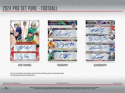 Product preview sheet of autograph styles for 2024 Leaf Pro Set Pure Football cards