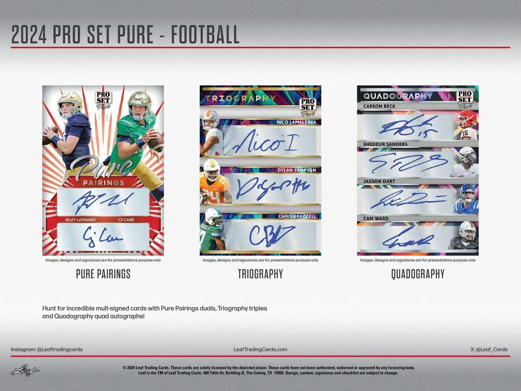 Product preview sheet of autograph styles from 2024 Pro Set Pure Football collection