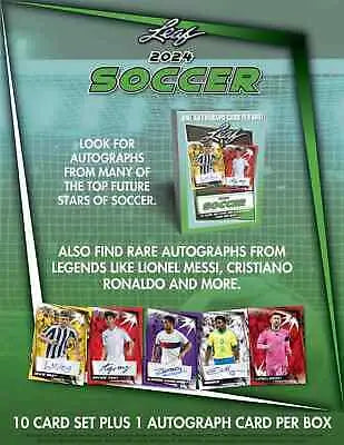 2024 Leaf Soccer Blaster box featuring 1 Auto and 10 Base Cards for soccer fans