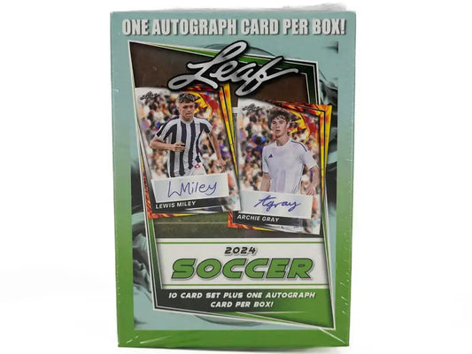 2024 Leaf Soccer Blaster Box showcasing autographed cards and 10 card set