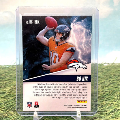 Bo Nix trading card from 2024 Panini Absolute By Storm Insert BS-BNX Broncos Rookie QB