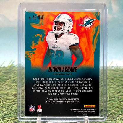 De’Von Achane football card from 2024 Panini Absolute Burners Miami Dolphins collection