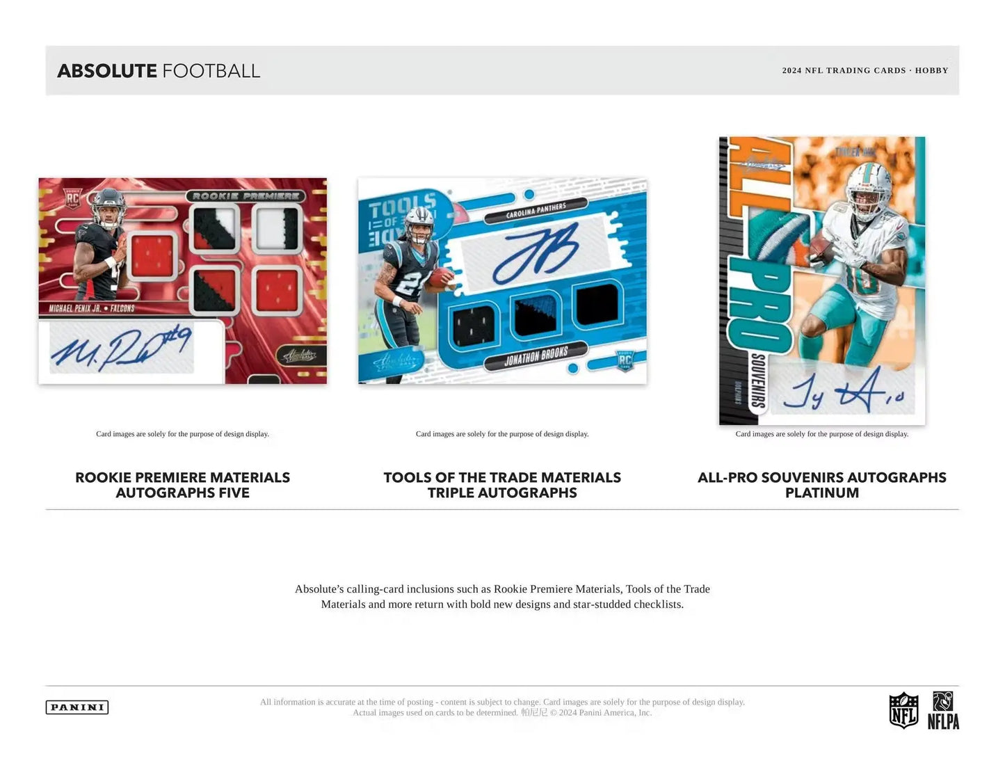 NFL trading cards featuring autographs and jersey patches from 2024 Panini Absolute Football