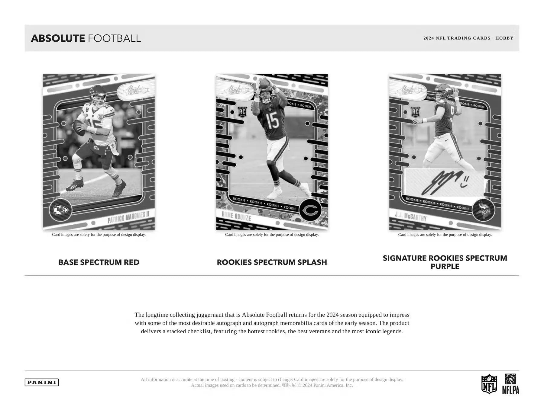 Product sell sheet of 2024 Panini Absolute Football featuring rookie premiere materials designs