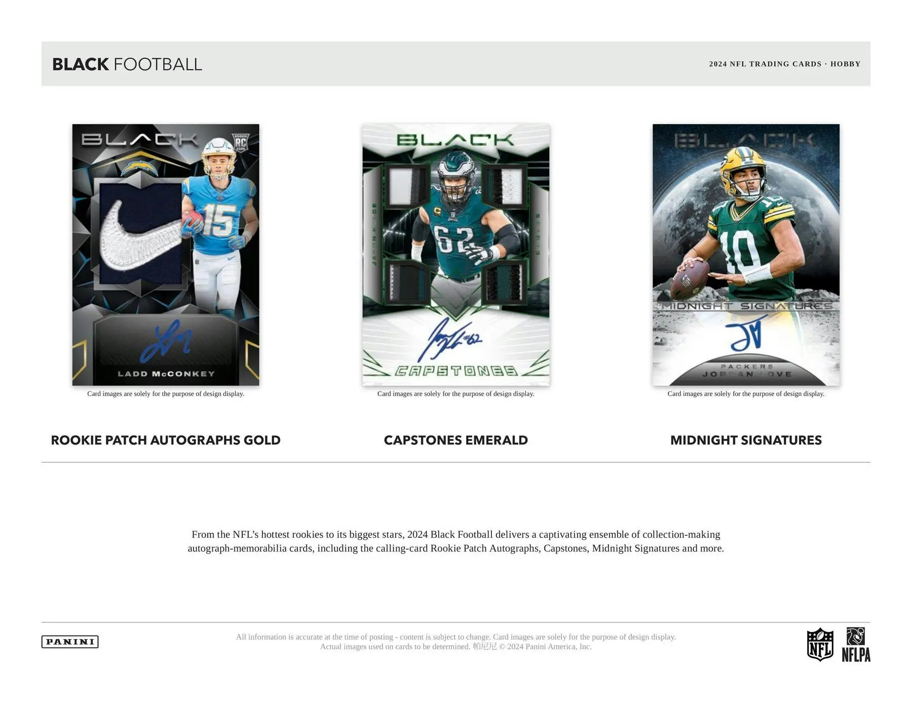 Three Black Football trading cards from the 2024 Panini Black Football Hobby Box