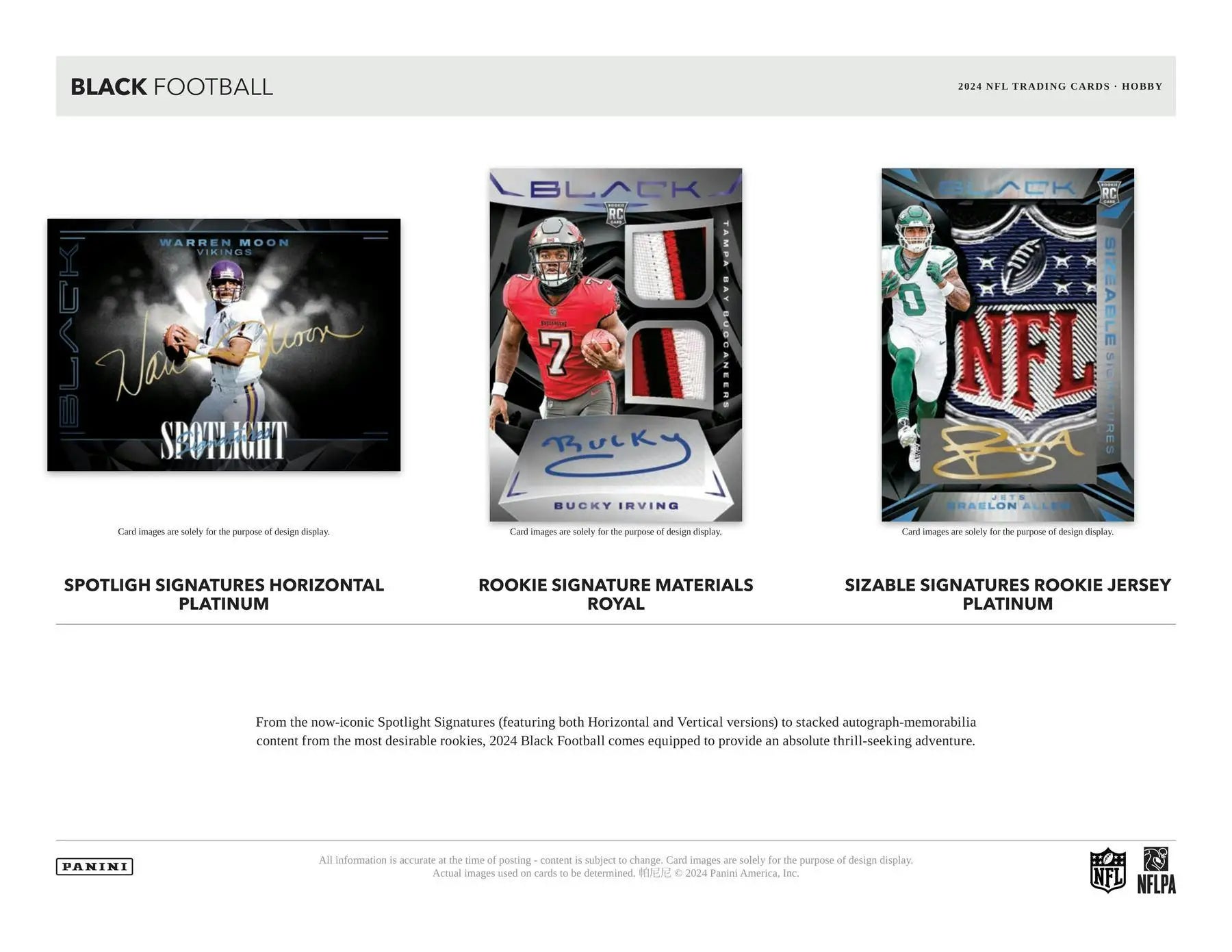 Product catalog page featuring 2024 Panini Black Football Rookie Patch Autographs