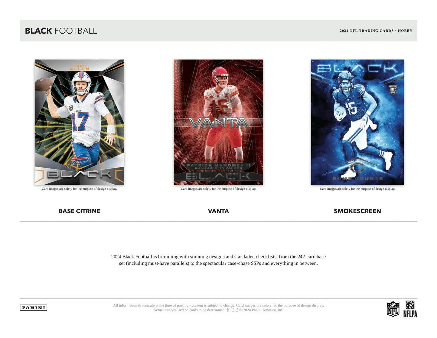 Three NFL player trading cards showcasing rookie patch autographs in a Panini Black Football box