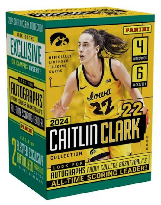 Yellow and green 2024 Panini Caitlin Clark Collection Basketball box with jersey #22 player