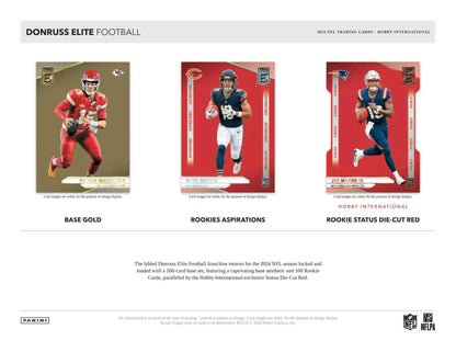 Three Donruss Elite Football trading cards showcasing NFL players in action poses