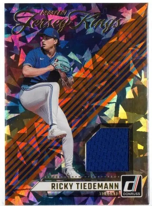 Baseball card of Donruss Ricky Tiedemann in action with jersey patch from Panini Donruss Ricky