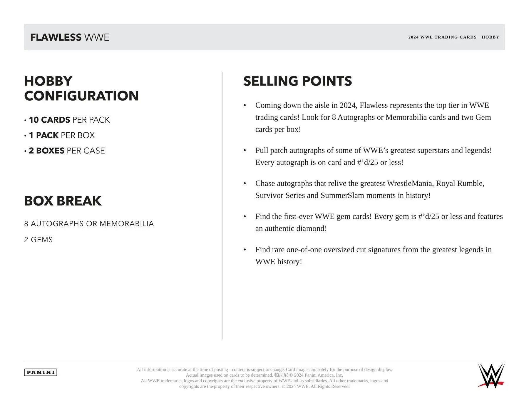 Product information sheet for 2024 Panini Flawless WWE Hobby Box featuring eight autographs