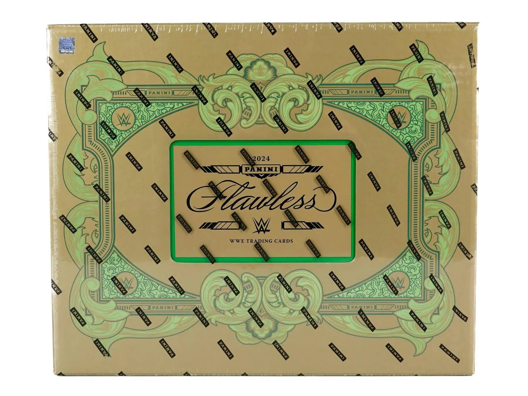 Ornate gold and green decorative box featuring Flawless text and intricate designs, ideal for eight autographs and two gems in the 2024 Panini Flawless