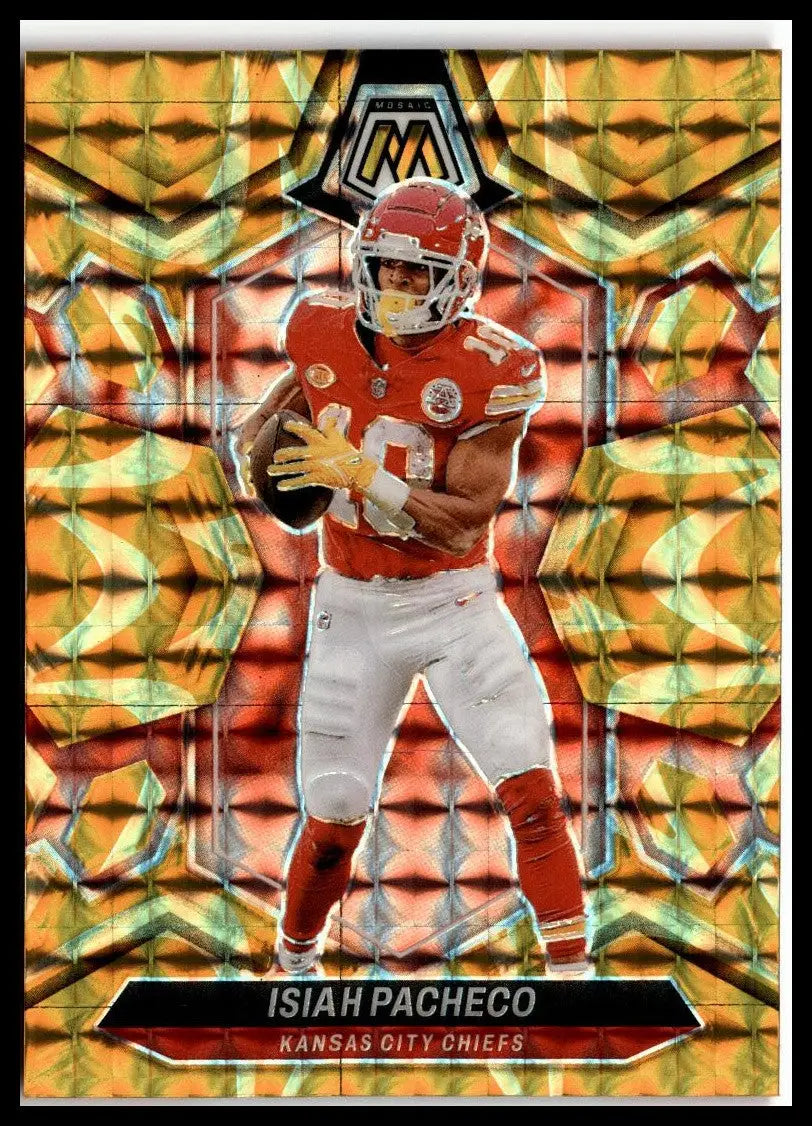 Isiah Pacheco football card featuring Mosaic Reactive Yellow from Panini Mosaic 2024