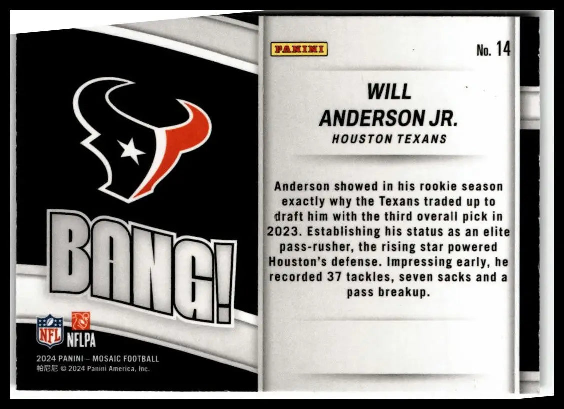 2024 Panini Mosaic trading card of Will Anderson Jr. for Houston Texans collectible