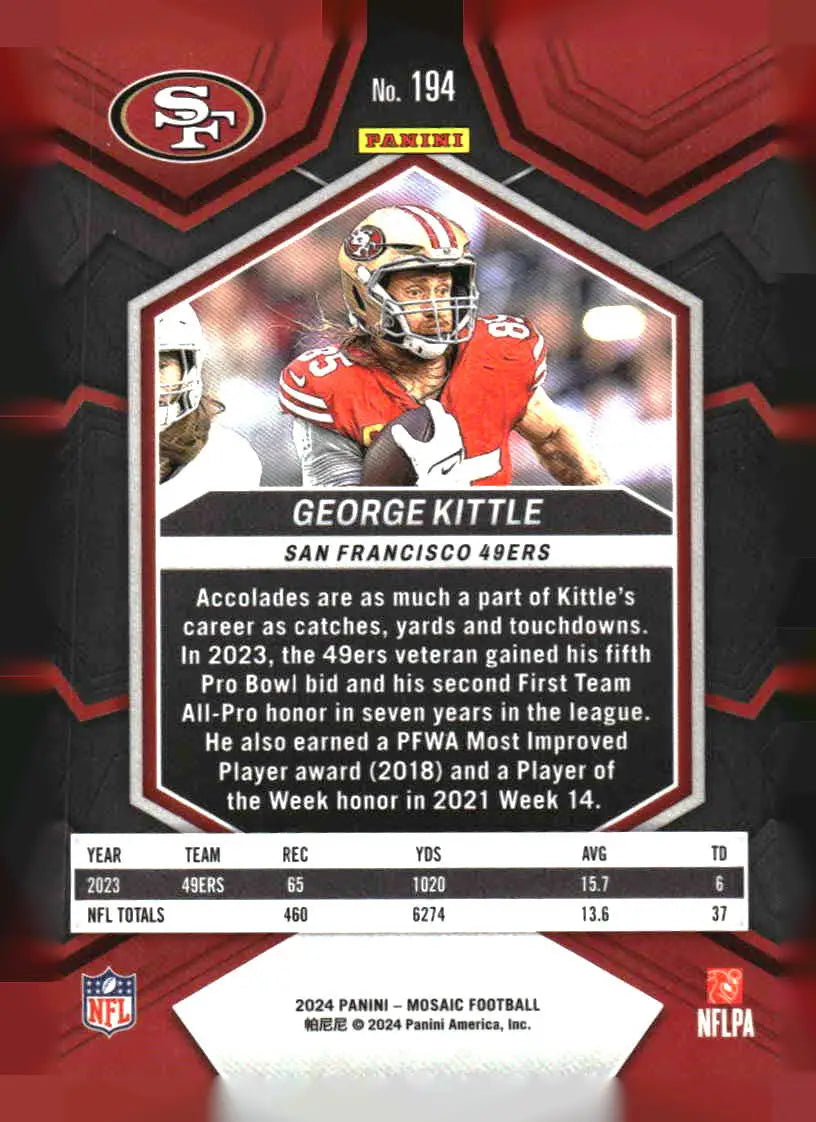 George Kittle 2024 Panini Mosaic #194 football card for San Francisco 49ers fans