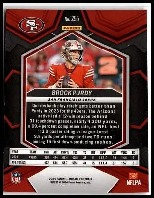 Brock Purdy football card from 2024 Panini Mosaic San Francisco 49ers collection