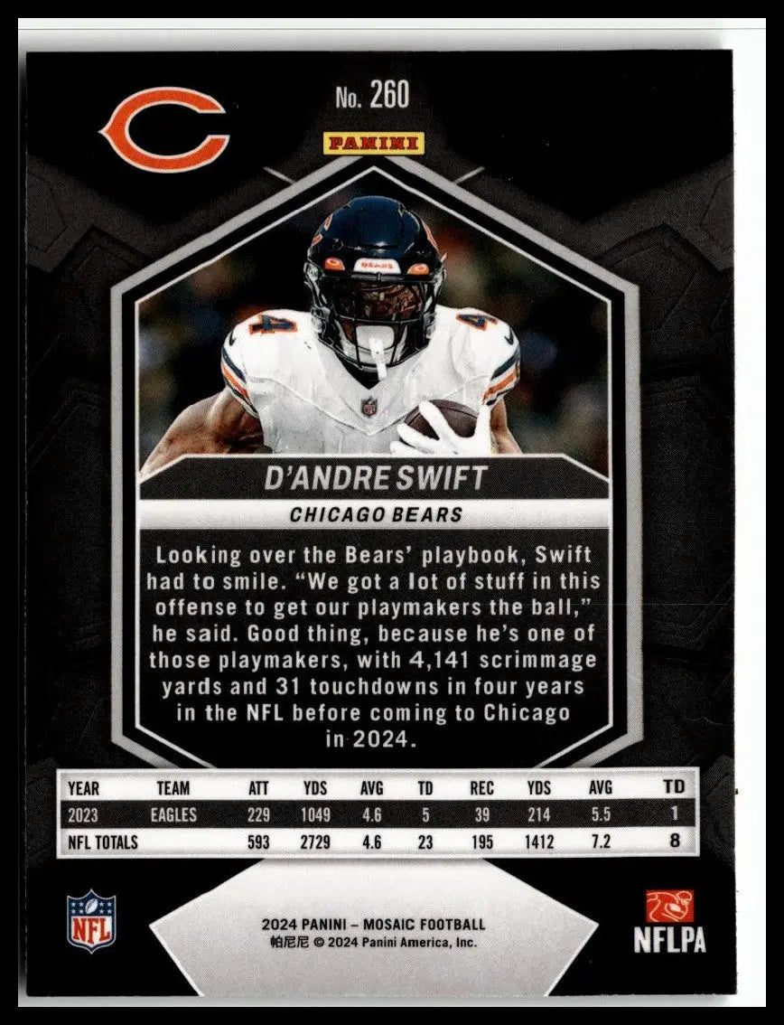 D’Andre Swift football card from 2024 Panini Mosaic featuring Chicago Bears design