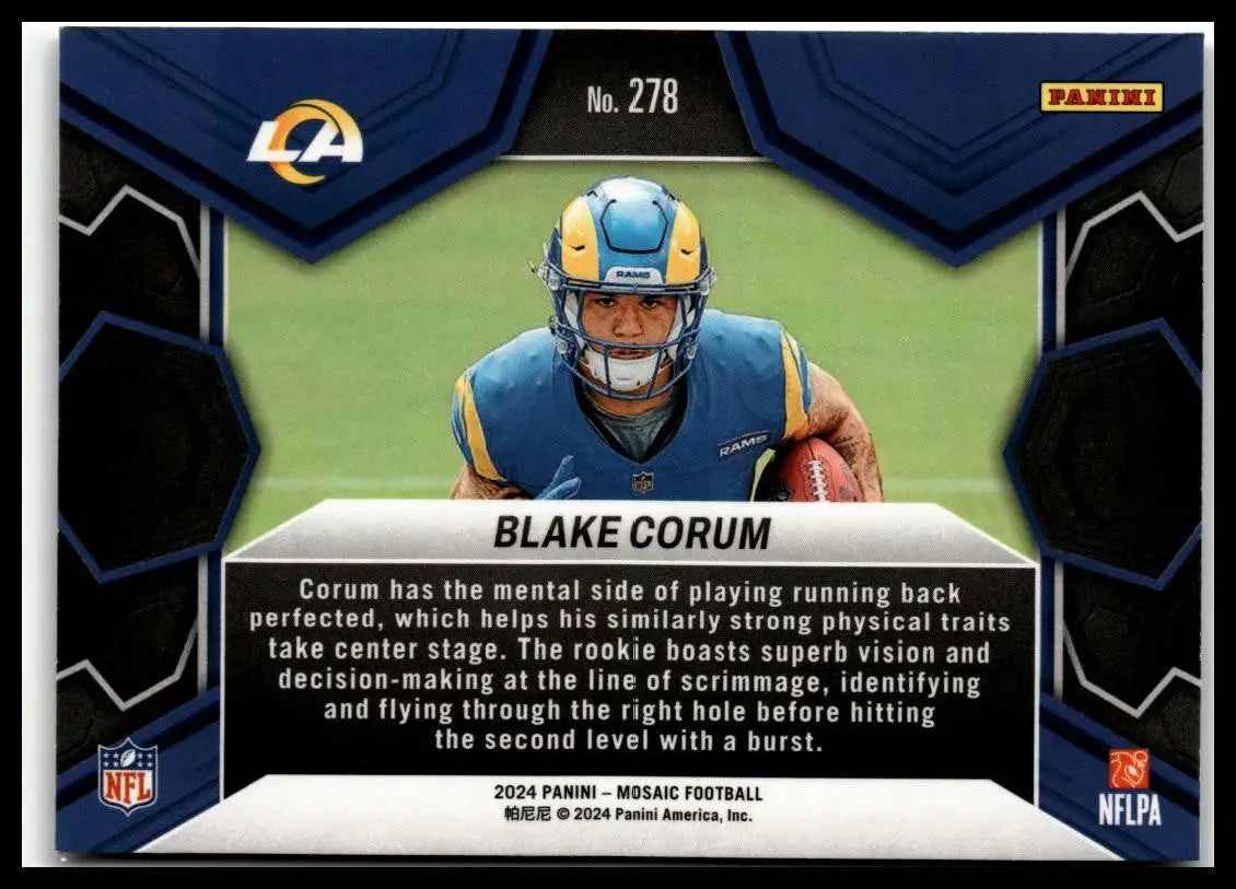 Blake Corum football card from 2024 Panini Mosaic featuring Los Angeles Rams design