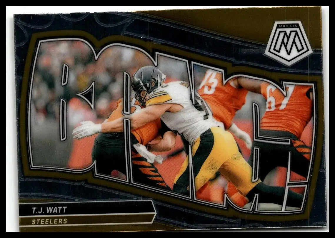 T.J. Watt football card from 2024 Panini Mosaic Pittsburgh Steelers Bang collection