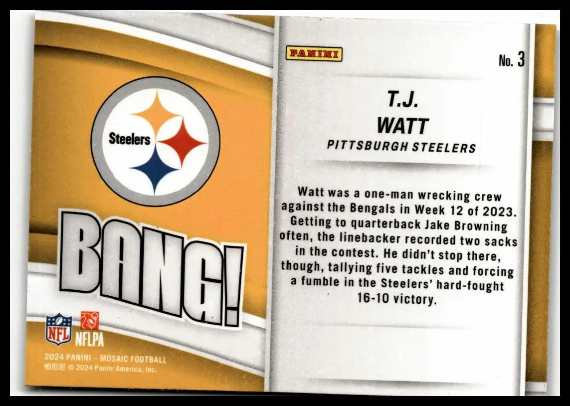 T.J. Watt football card from 2024 Panini Mosaic Bang! featuring Pittsburgh Steelers