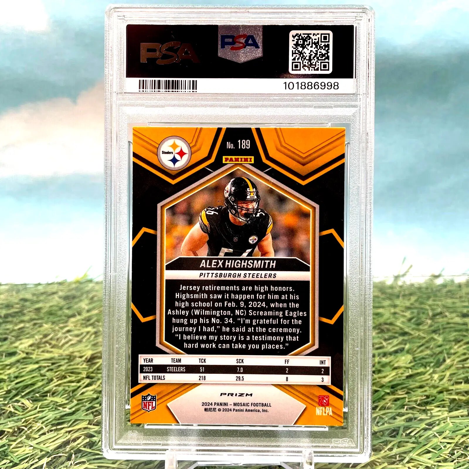 Graded 2024 Panini Mosaic Alex Highsmith Genesis card PSA 10 for Pittsburgh Steelers