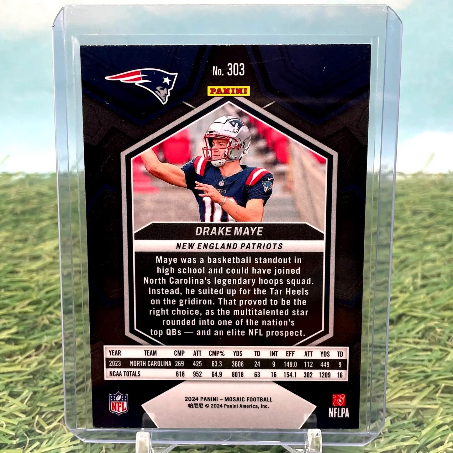 NFL trading card of New England Patriots player in navy uniform from Panini Mosaic Football