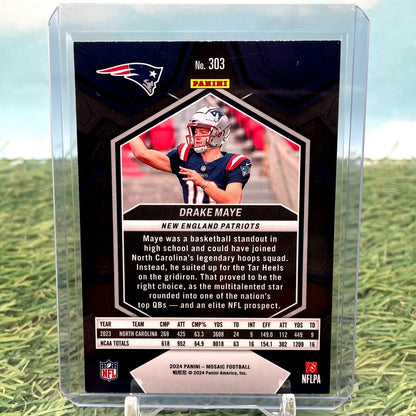 NFL trading card of New England Patriots player in navy uniform from Panini Mosaic Football