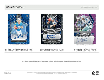 Mosaic Football showcases three NFL trading card designs with autographs in Hobby Box