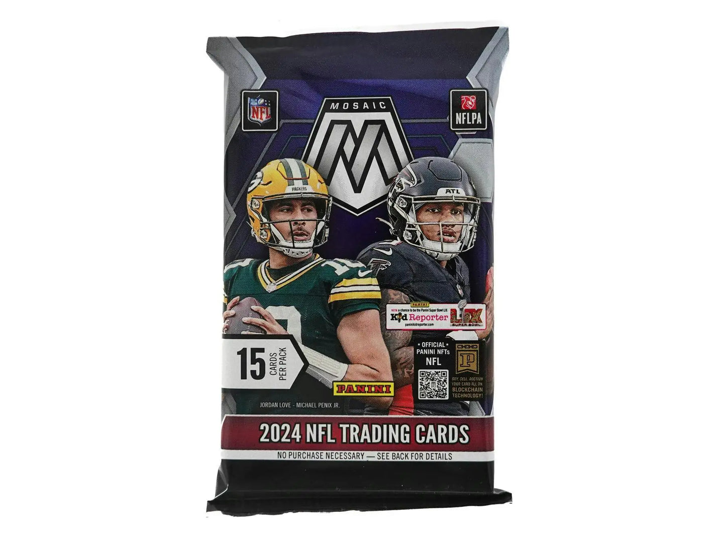 2024 NFL Mosaic trading card pack featuring Packers and Raiders on Panini Mosaic Football box