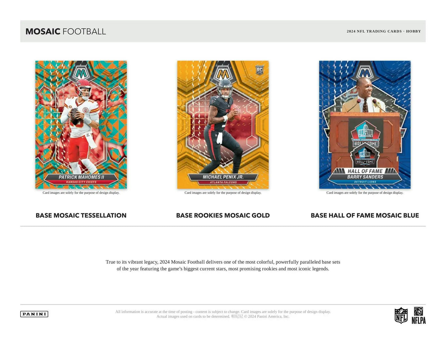 Three vibrant NFL Mosaic football trading cards showcasing unique designs and colors